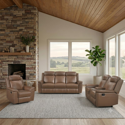 Elara Traditional Top Grain Leather 3-Piece Manual Double Reclining Living Room Sofa Set with Center Storage Console, Power Outlets & Wall-Hugger Design