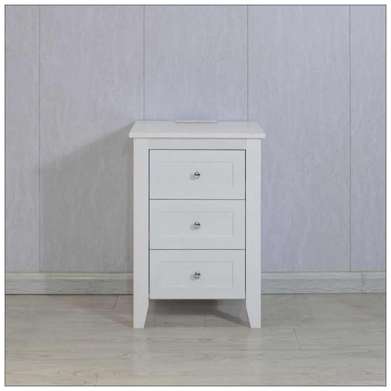 White 3 Drawer Nightstand With Charging Station, USB Ports, And Power Outlets For Modern Bedrooms