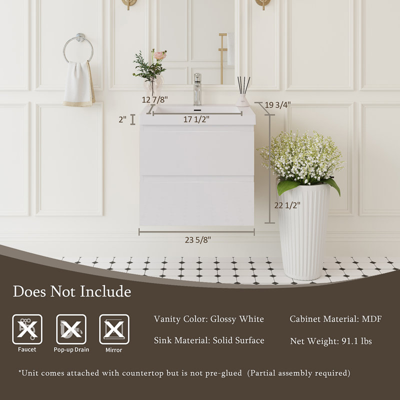 24" Floating Bathroom Vanity With Sink, Glossy White