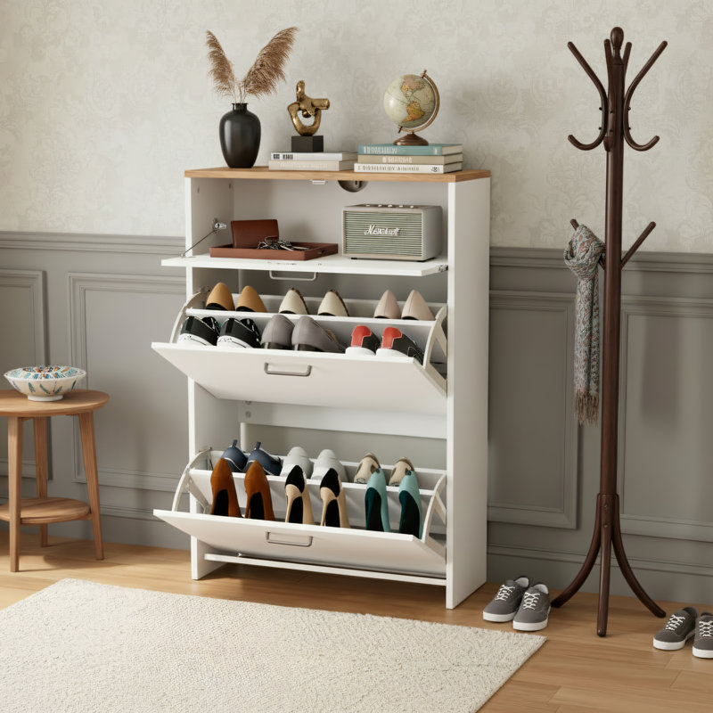 Modern Slim Wooden Entryway Shoe Cabinet, 24.7-Inch Width, With 2 Flip-Tops + 1 Pull-Down Drawer, Freestanding, Suitable For Front Entrances And Hallways, White.
