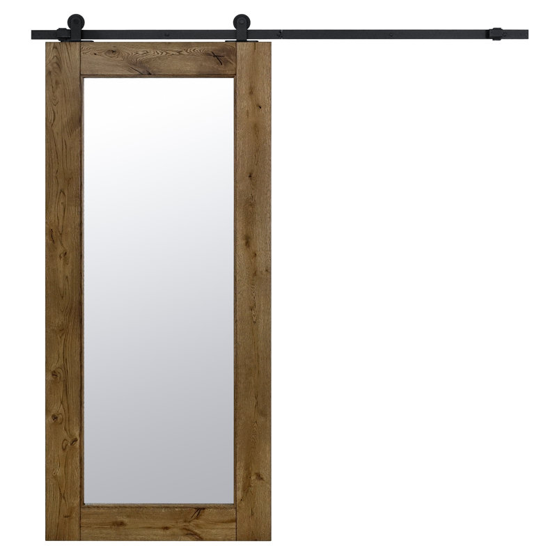 Wyalusing Oak Wood Sliding Barn Door Mirror, 100cm W x 210cm H, Brown Oil
