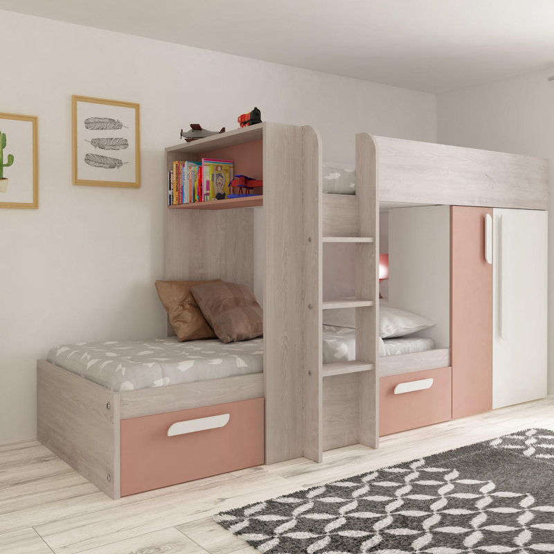 Suri European Single (90 x 200cm) 2 Drawer High Sleeper Bunk Bed with Bookcase, Grey/Pink