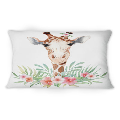 Dessin de girafe avec fleurs tropicales IV - Coussin décoratif imprimé pour enfants 1
