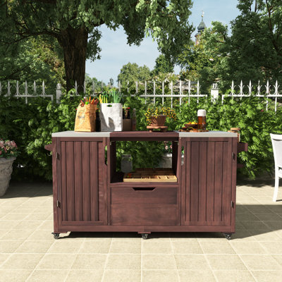 Solid Wood Outdoor Grill Cart With Stainless Steel Top, Compatible With Large Big Green Egg & Kamado Joe Tabletop Grills, Brown