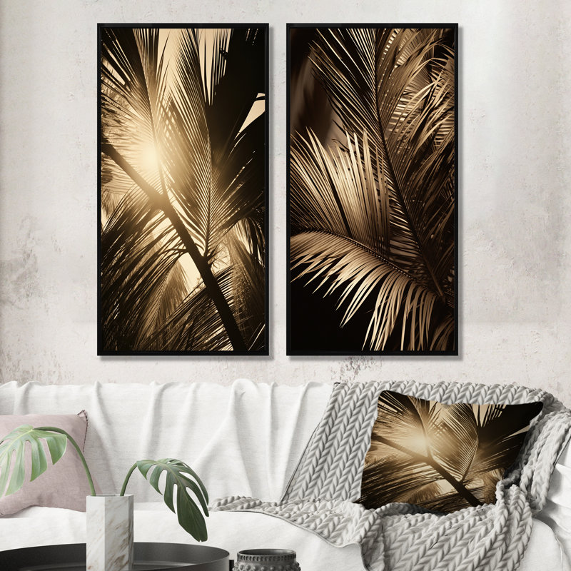 Sépia sérénité feuilles de palmier - palmiers et palmiers, ensemble de 2 toiles d'art mural, Cadre noir, H 28 po x l 25 po