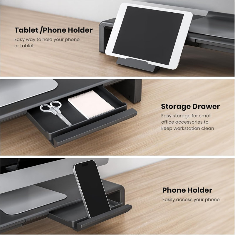 Monitor Stand Lifter, Foldable Computer Monitor Lifter, Height Adjustable Computer Stand, Desk Stand Lifter With Storage Drawer And Tablet Phone Stand, For Computers, Desktops, Laptops (Black)