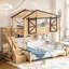 Lit superposé simple au dessus d'une maison double avec escalier de rangement et tablettes, portes de grange, conception de maisonnette, naturel