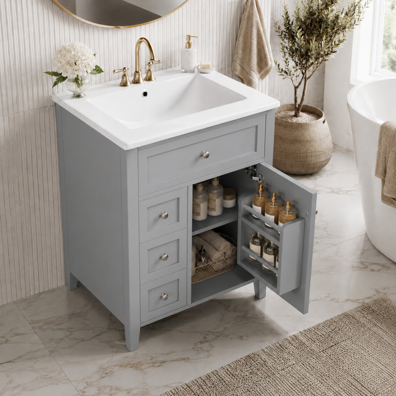 Meuble-lavabo simple 24 po avec lavabo en céramique Velmori, plateau basculant, tablette réglable et rangement multiple