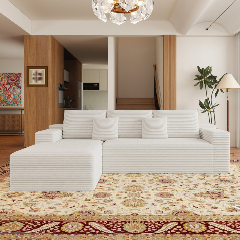 Koli Boneless 104" L-shaped Sectional Couch, Compression Sofa for 4 Person, Corduroy, Left Hand Facing, White Velvet