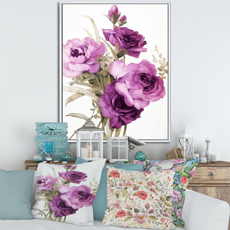 Dark Pink Roses - peinture sur toile, H 32 po x l 24 po x P 1 po, Cadre flottant blanc