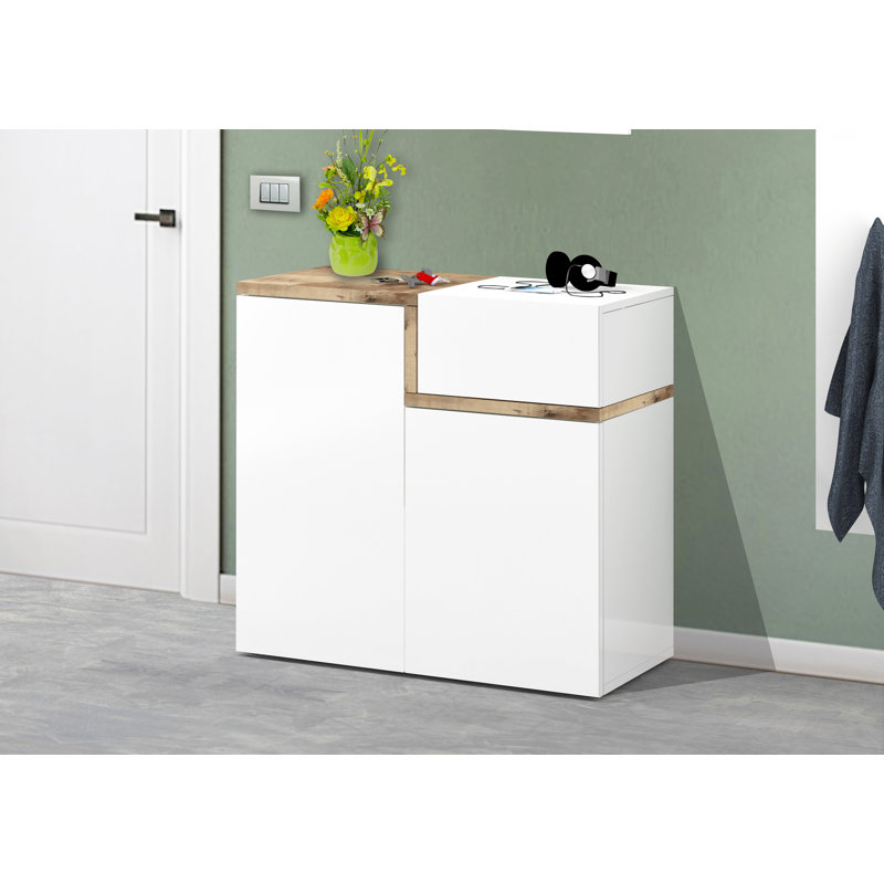 Haines 16 Pair Shoe Storage Cabinet, Glossy White/Maple Pereira