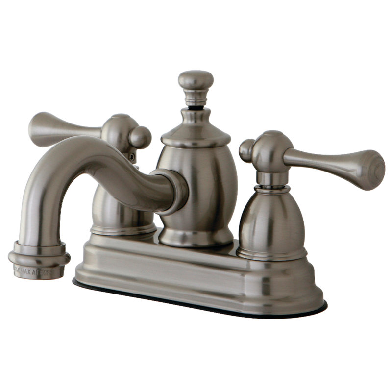 Kingston Brass Vintage Two-Handle 3-Hole Deck Mount 4" Centerset Bathroom Faucet with Brass Pop-Up, Brushed Nickel