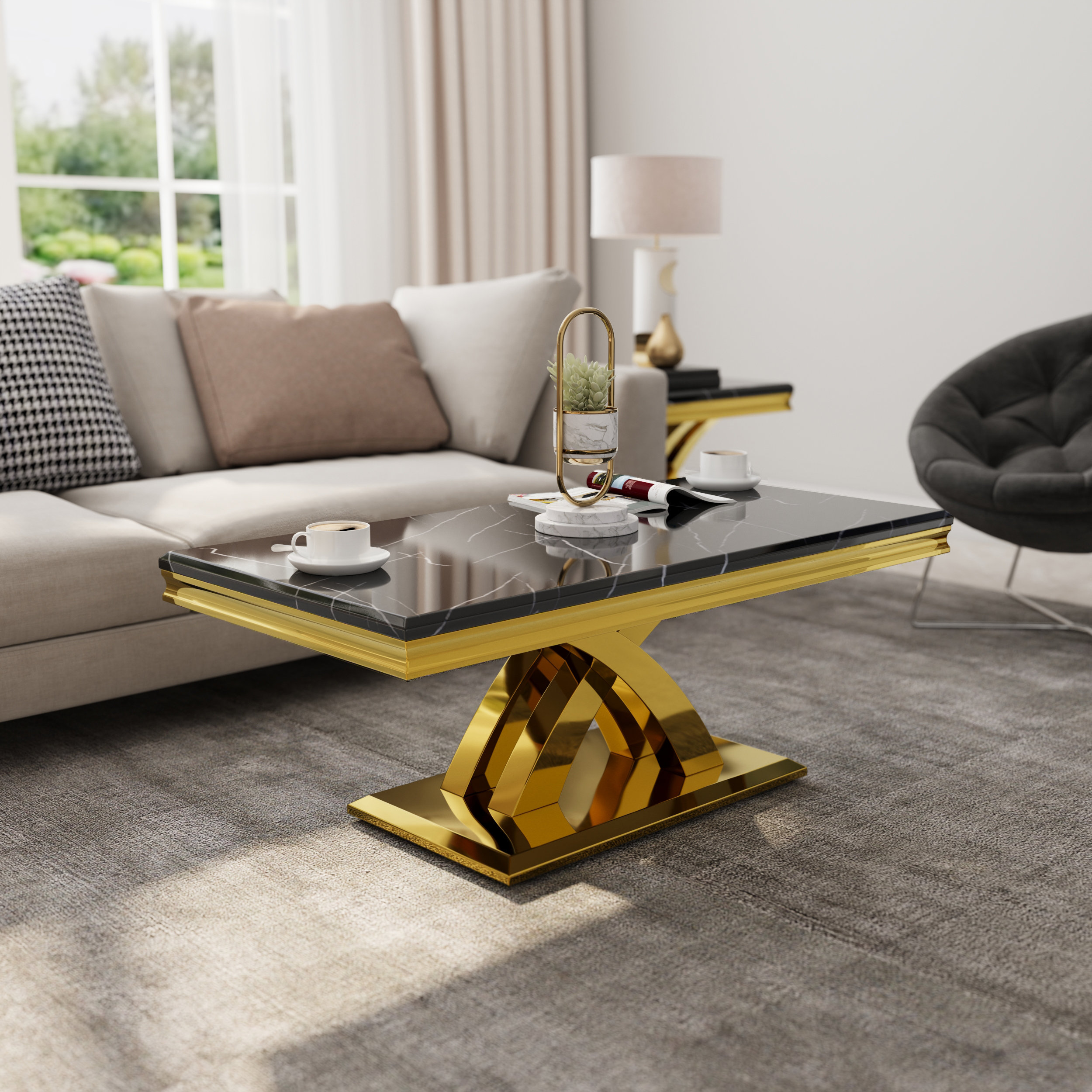 Mercer41 Hendricken 48“ Black and Gold Coffee Table for Living Room ...