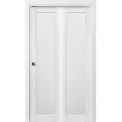Sliding Closet Bi-fold Doors 42 x 84 Quadro 4111 White Silk Sturdy Tracks Moldings Trims Hardware Set Wood Solid Bedroom Wardrobe Doors