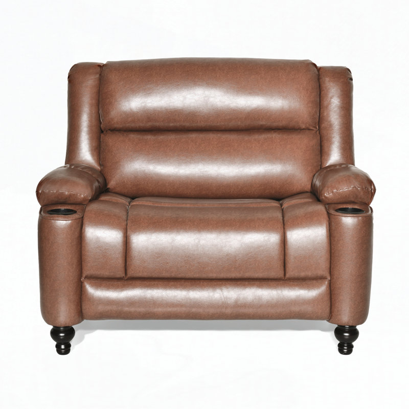Fauteuil inclinable manuel en similicuir avec porte-gobelets et dossier réglable, pieds en bois massif, Similicuir brun