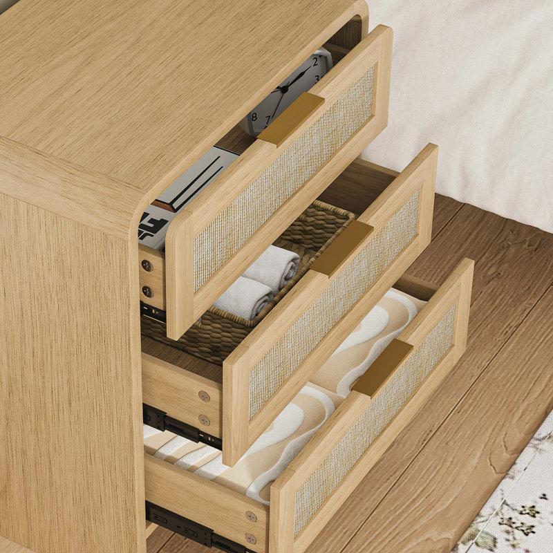 Modern Rattan 3 Drawers Nightstand For Bedroom