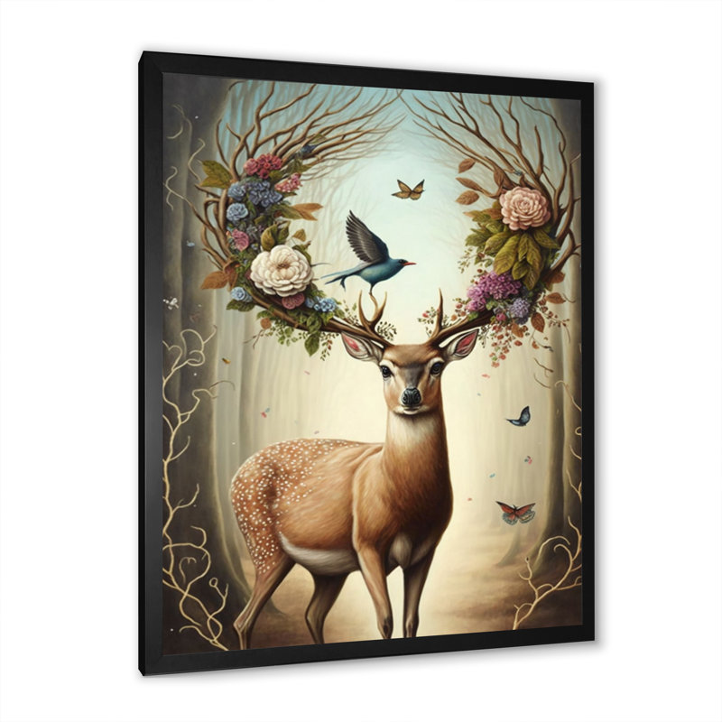 «Deer with Blooming Antler V», reproduction sur toile, H 32 po x l 24 po x P 1 po, Impression noire sur toile encadrée