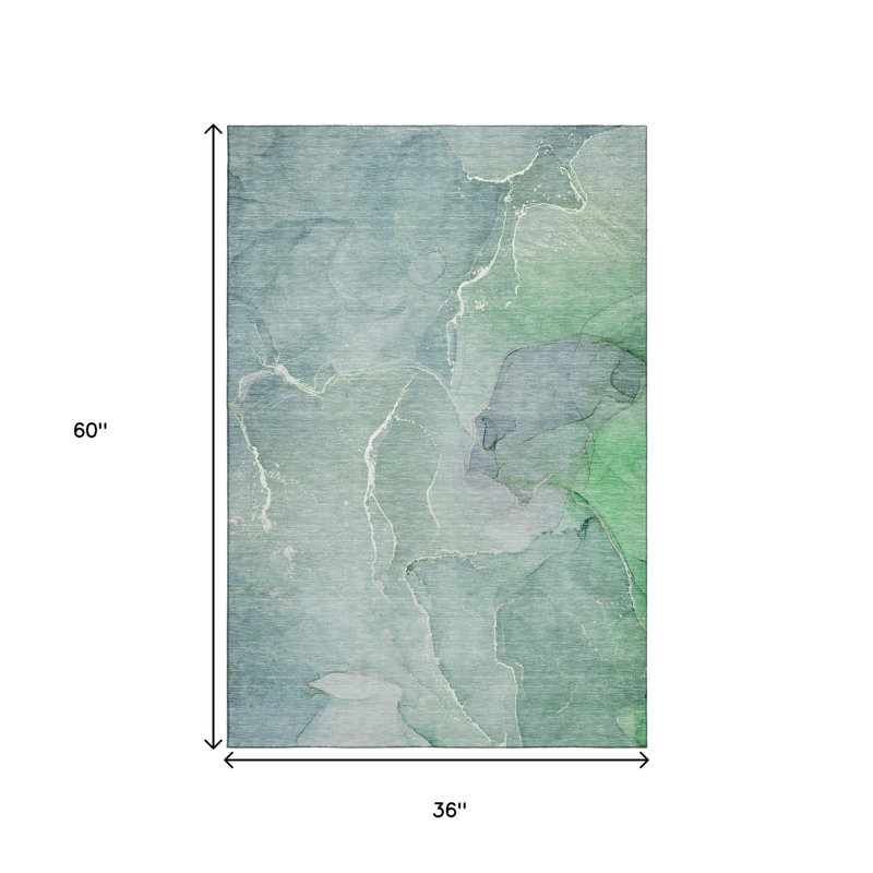 3' X 5' Teal And Ivory Abstract Washable Area Rug With UV Protection