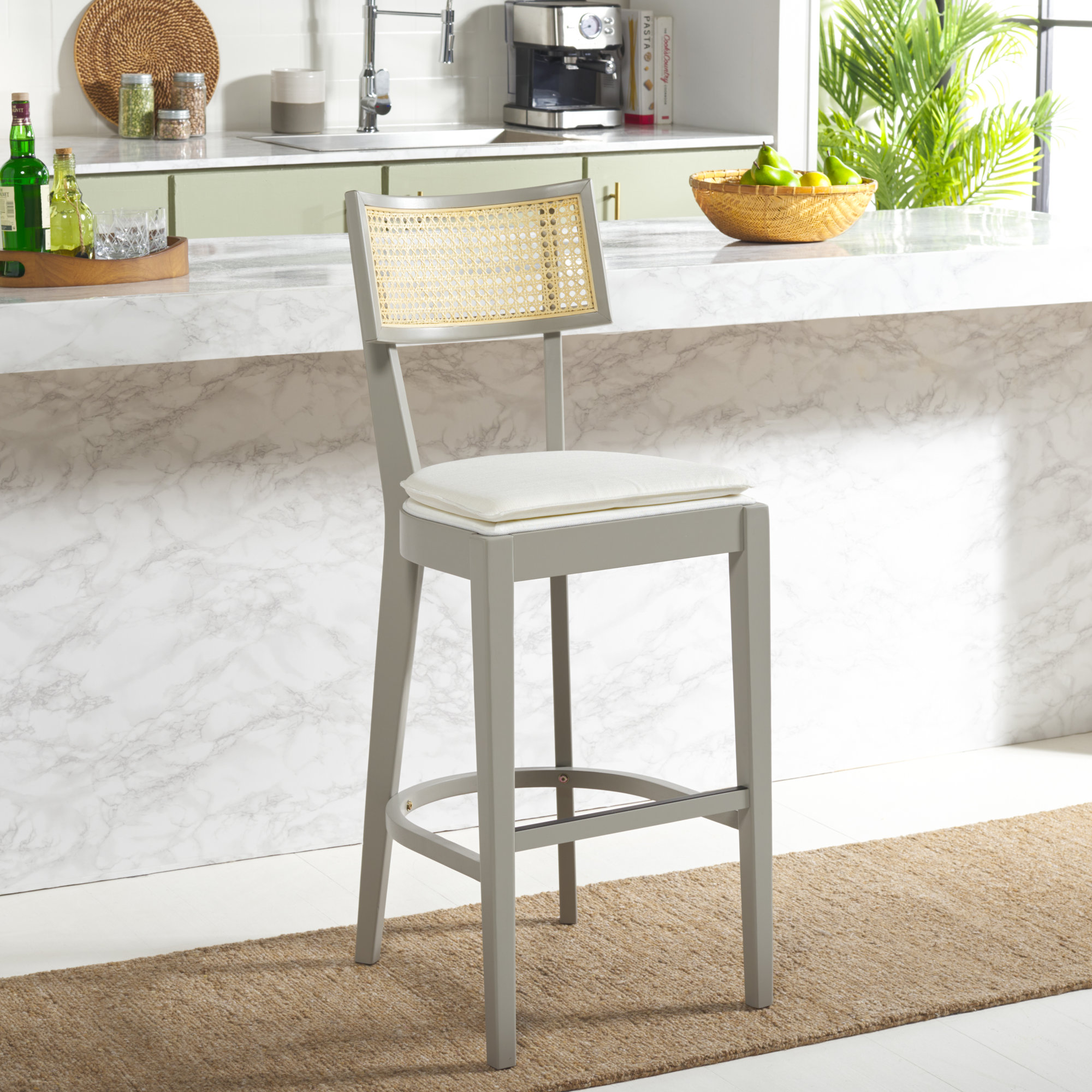 Tarrington Cane Stool, Bar Stool (30.5" Seat Height), Natural/Gray