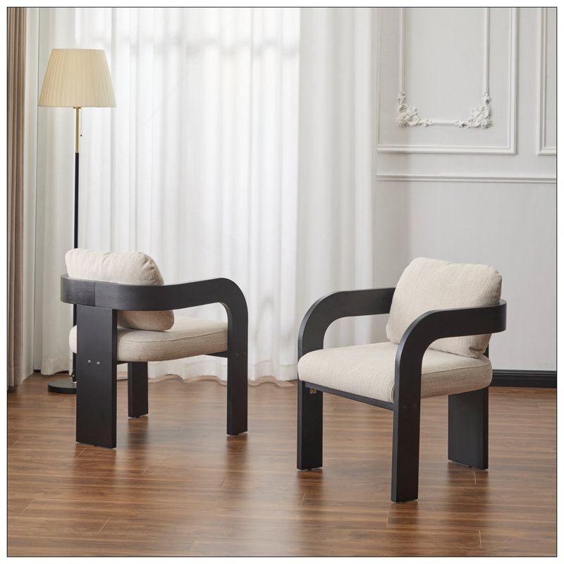 Ensemble de 2 chaises de salle à manger avec dossier coussiné, tissu beige, structure en bois massif, Noir, Tissu beige