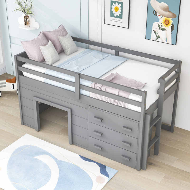 Fenelus Kids Twin Loft Bed with 3 Drawers, Gray