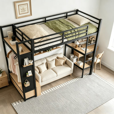 Grand lit mezzanine avec garde-robe, structure de lit mezzanine en métal avec tablettes de rangement et panneau perforé, lits mezzanine avec garde-corps de sécurité, lits peu encombrants pour les petites chambres à coucher, appartements studio, chambres pour ados, aucun sommier nécessaire, noir.