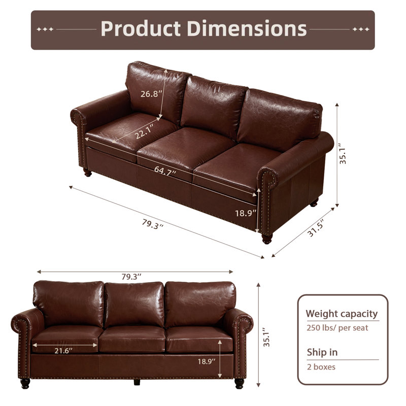 80" Faux Leather Rolled Arm Sofa with Storage, Chocolate Brown
