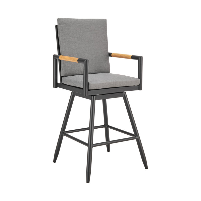 Tabouret d'extérieur en métal avec coussin Koslya, Noir, Gris foncé, 30"