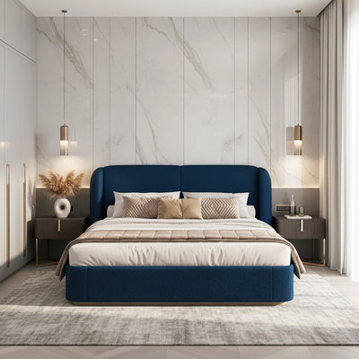Henry Boucle Upholstered Platform Bed With Headboard & Wooden Slats
