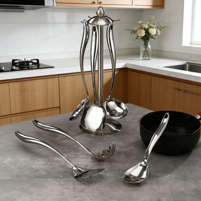 18/10 Stainless Steel 7-Piece Kitchen Utensil Set With Rotating Stand, All-Metal Cooking Tools Including Spatula, Ladle, Skimmer, Turner, Pasta Spoon,