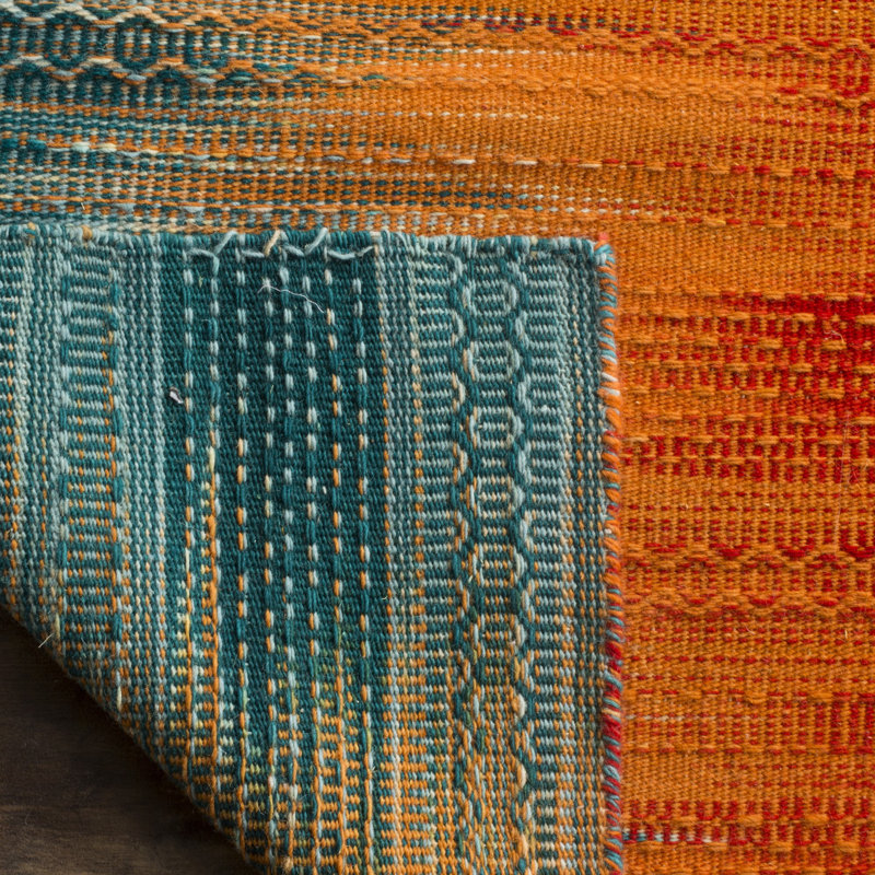 Tapis abstrait en laine / coton tissé à la main Bennett en bleu sarcelle / rouge, Rectangle 5 pi x 8 pi