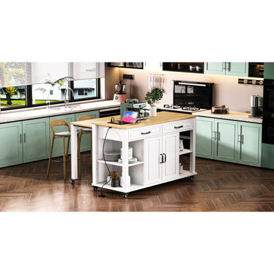 Îlot de cuisine de 47,2 po avec table de salle à manger extensible, rangement interne et station de charge intégrée pour support de divertissement, prise de courant, cuisines à panneaux texturés