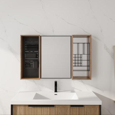Armoires à pharmacie avec rangement, miroir en bois de 43,5 po, salle de bain moderne