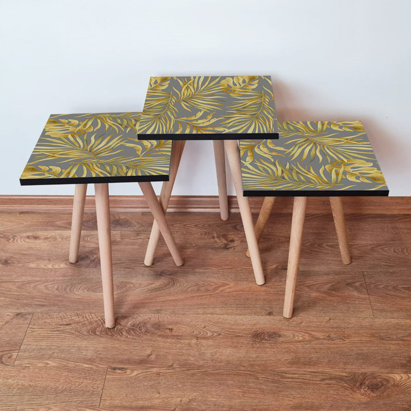 Ensemble de 3 tables gigognes modernes, gris et jaune, 13,8 po x 20,5 po x 13,8 po | 100% panneau de fibres à densité moyenne avec pieds en bois de hêtre, design élégant et fonctionnel | Parfait pour le salon, le bureau ou le bureau - Économie d'espace