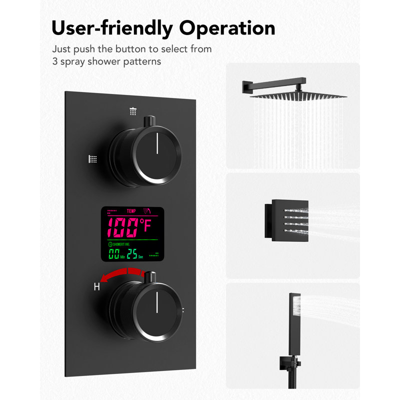 Pressure Balanced  LCD Display Shower System 12" Rain Shower Faucet with Rough-in Valve, Matte Black