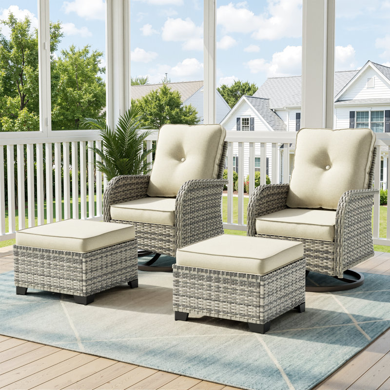 4-Piece Outdoor Swivel Rocker Chair Set With Cushions And Ottomans, Beige