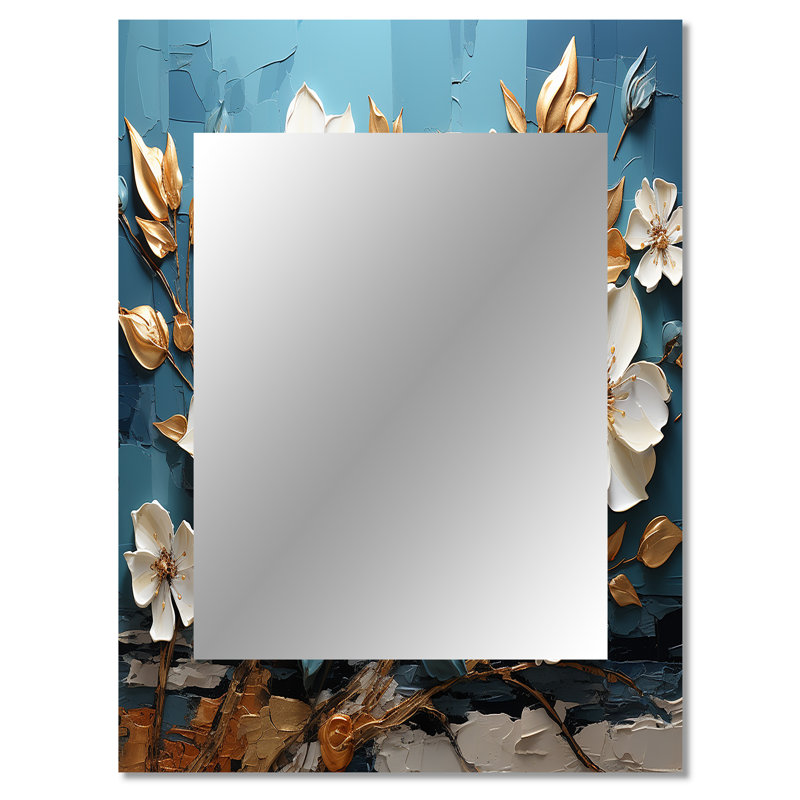Blanc et doré, charmante fleur de printemps Blooms I - miroir mural fleurs, miroir décoratif traditionnel, impression d'art en métal