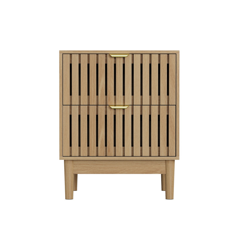 Set Of 2 Mid-Modern Bedside Tables With Grille Design And Two Storage Drawers For Bedroom Living Room