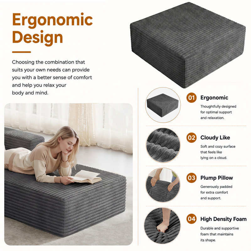 1 Seater Corduroy Sectional, Grey