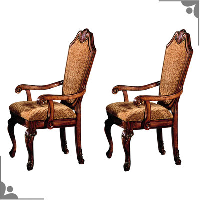Arm Chairs Of 2, Cherry Wood, Beige Fabric, Classic Style With Solid Back - Upholstery  Cherry Wood Legs