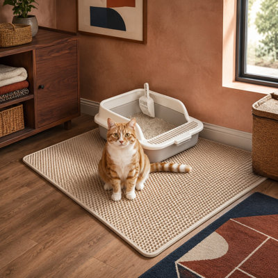 Tapis de litière double couche kaki 35 x 24 pouces conçu pour piéger et contrôler la dispersion de la litière, avec une construction imperméable, résistante à l'urine, antidérapante et résistante aux égratignures, ainsi qu'une surface douce pour les pattes et une conception facile à nettoyer.