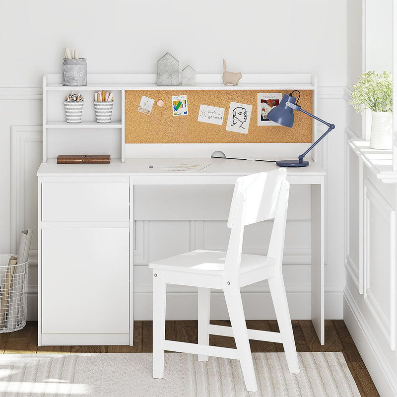 Kids Desk and Chair Sets with Hutch and Storage Cabinet, Wooden Children Study Table, Student Writing Desk Computer Workstation, White