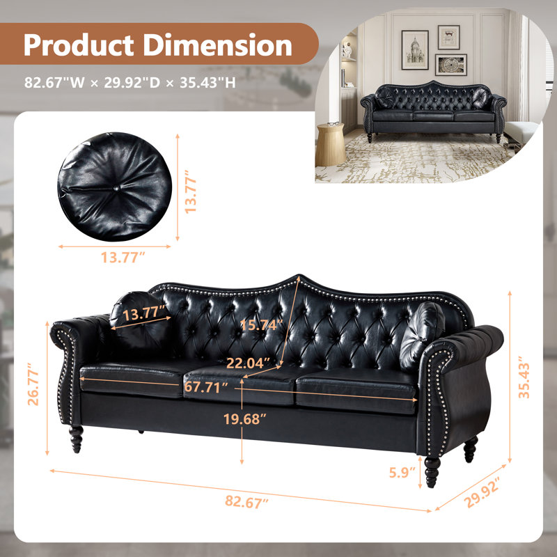 Bilbil 82.67'' Faux Leather Sofa With 2 Toss Pillows, Black Faux Leather