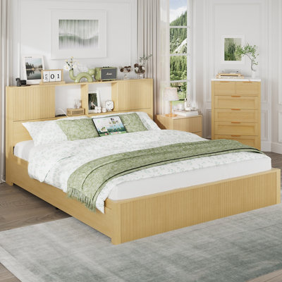 Fluted King Size Bed Frame With 4 Drawers,Wooden Platform Bed Frame With Storage Headboard Charging Station