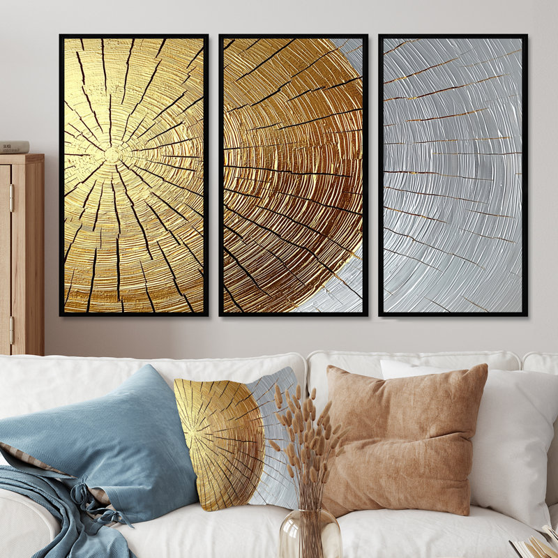 Abstrait glissade en bois doré I - art mural grand forêt - 3 panneaux, H 28 po x l 36 po, Noir