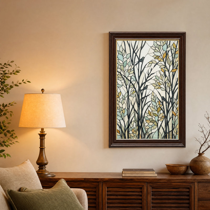 Arbres et oiseaux en vitrail, tableau sur toile, H 24 po x l 16 po