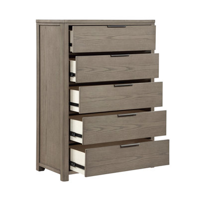 Commode de rangement contemporaine à 5 tiroirs à finition queue d'aronde contemporaine gris clair
