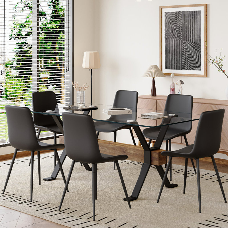 7-Piece Glass Top Dining Table Sets, Black