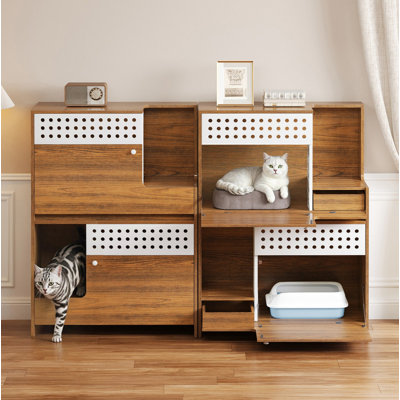 Ensemble de meubles modernes 2 en 1 pour chat 2 en 1, table d'appoint pour litière pour chat, maisonnette avec rangement pour 2 petits chats - Brun