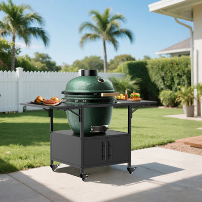 Table de barbecue d'extérieur pour barbecue Big Green Egg, 2 panneaux pliables Conception de rangement en métal